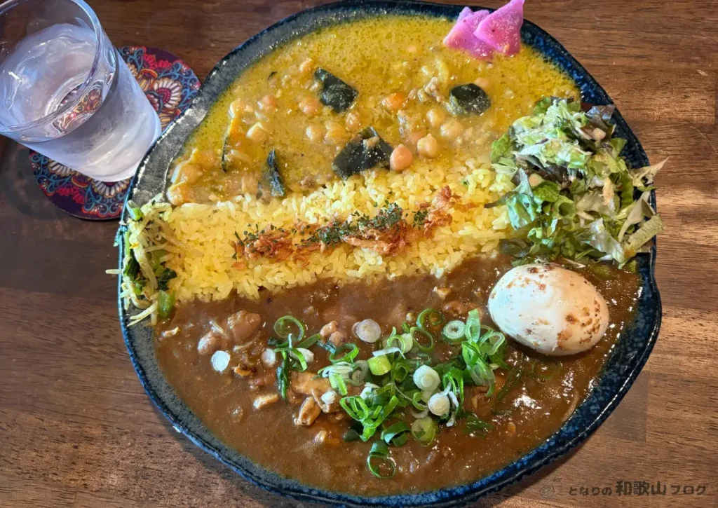 Satya(サティヤ)のカレー - 豆とかぼちゃのグリーンカレーとホルモンと青ネギのカレーのあいがけ