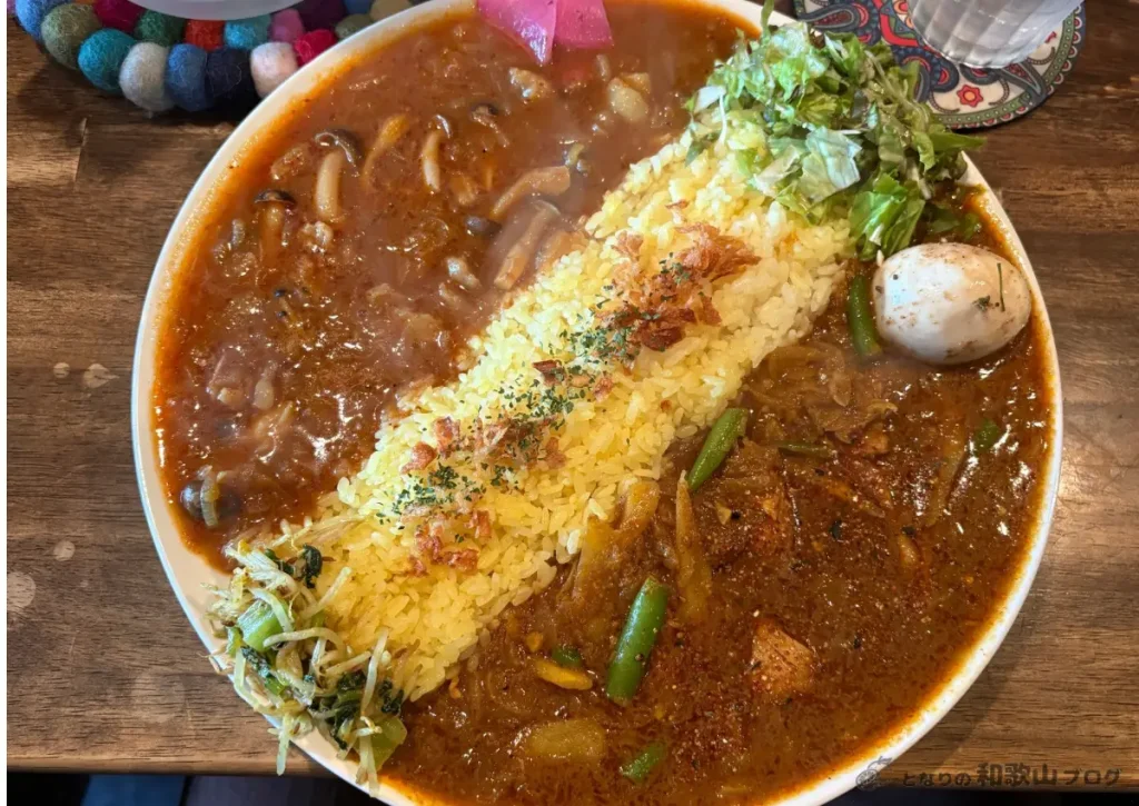 Satya(サティヤ)のカレー - 牛すじとキノコのカレーと鶏ごぼうカレーのあいがけ