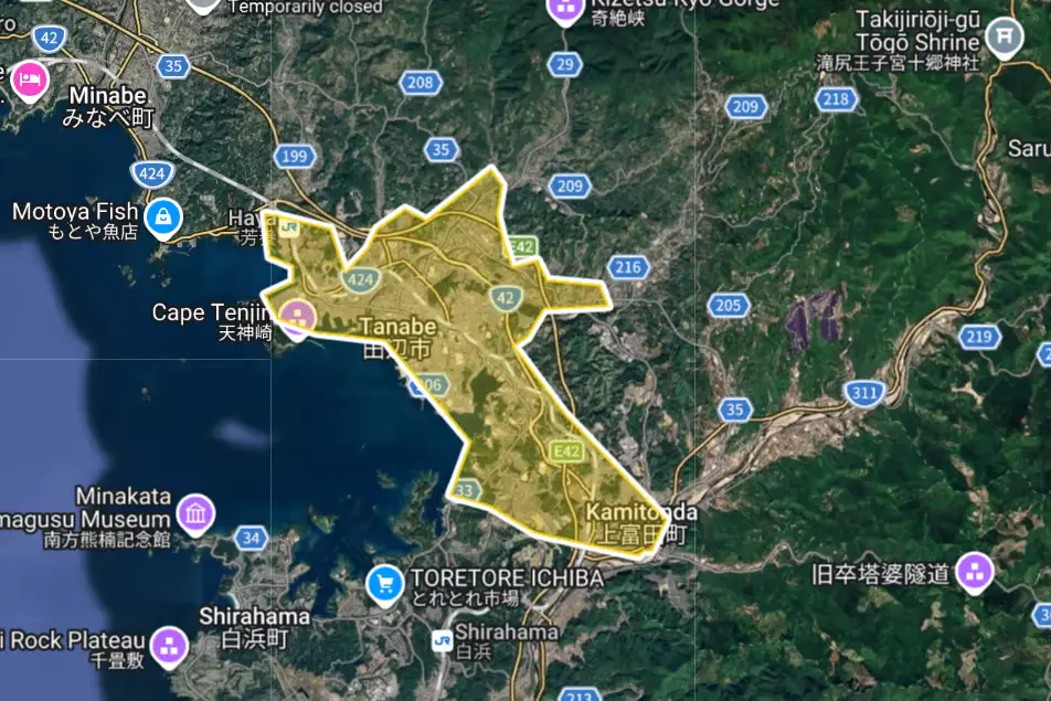 田辺市・上富田町のUber Eats（ウーバーイーツ）利用可能エリアの地図